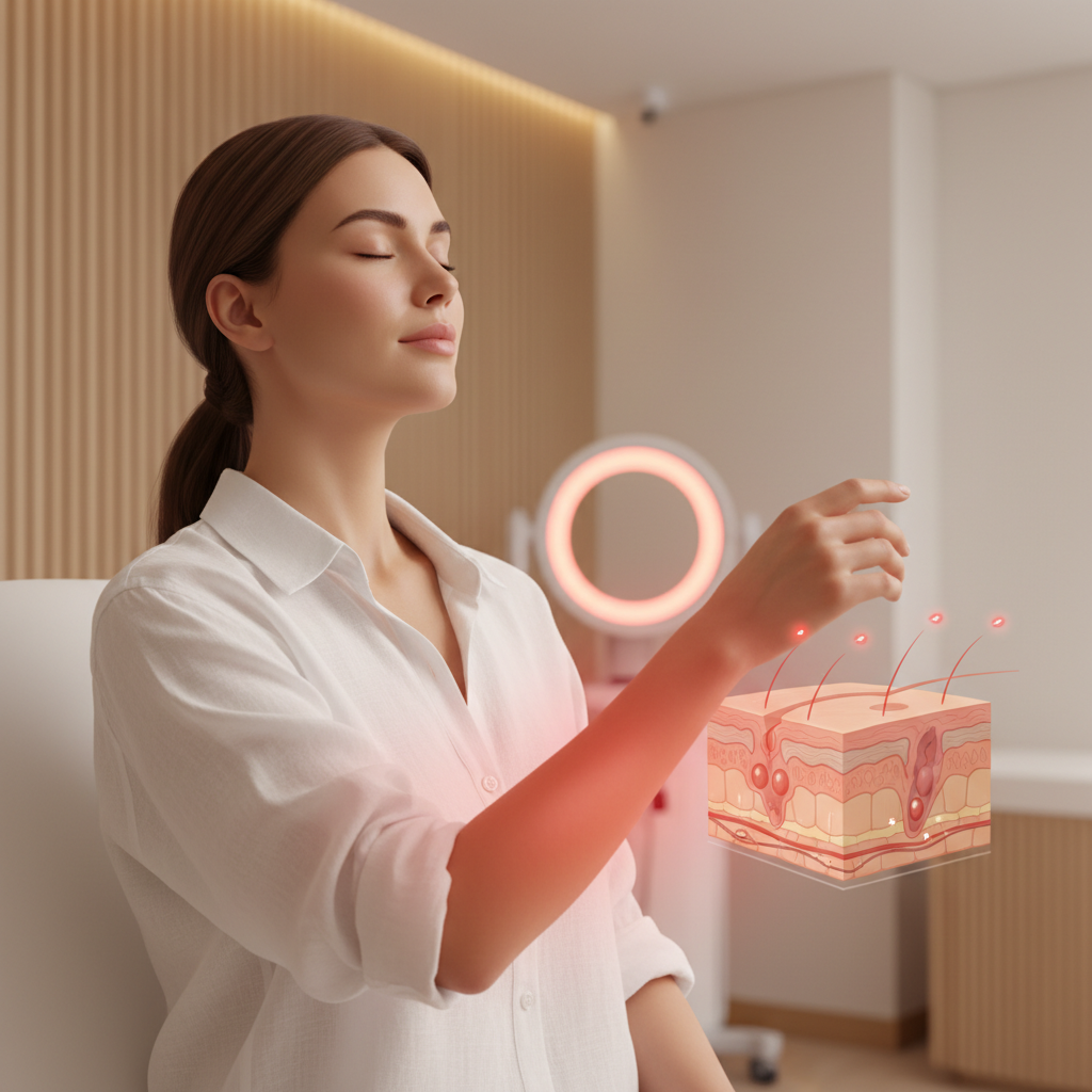 A professional medical illustration of red light therapy applied to skin in a calm clinical setting, showing a person receiving treatment for chronic skin conditions.