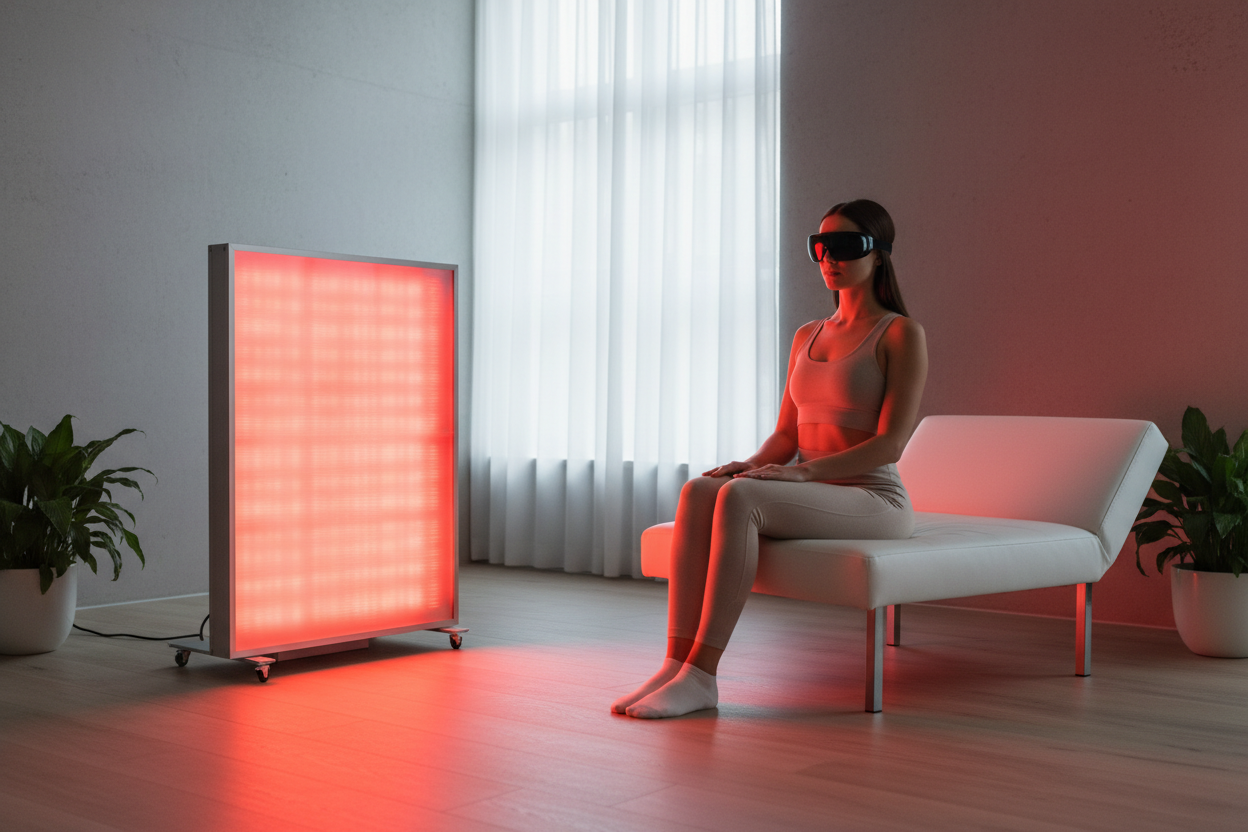 A person wearing protective goggles while using a red light therapy panel at a safe distance in a professional wellness setting.