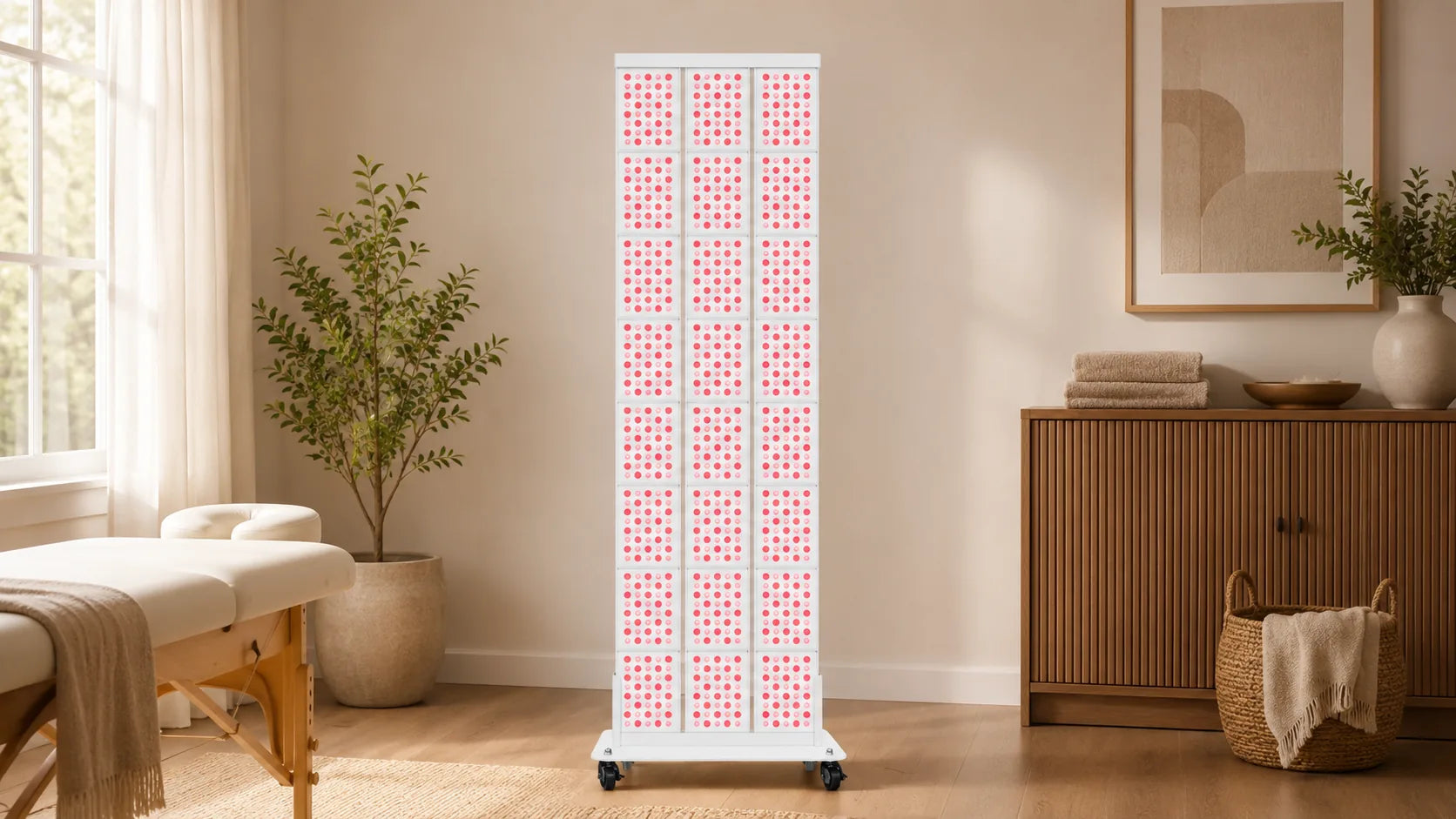 A full body red light therapy panel mounted on a rolling stand in a clean home wellness room.