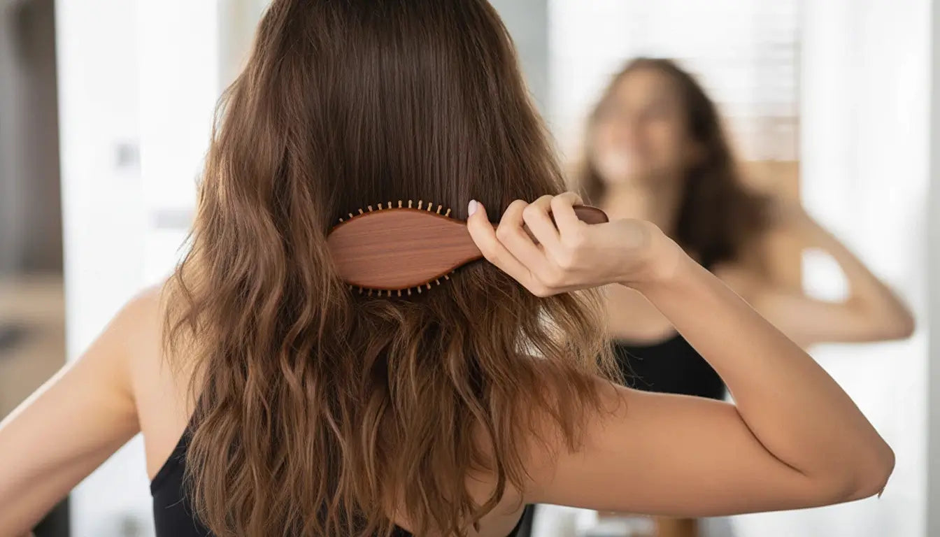 Back view of a woman brushing long wavy brown hair with a wooden paddle brush in front of a bathroom mirror