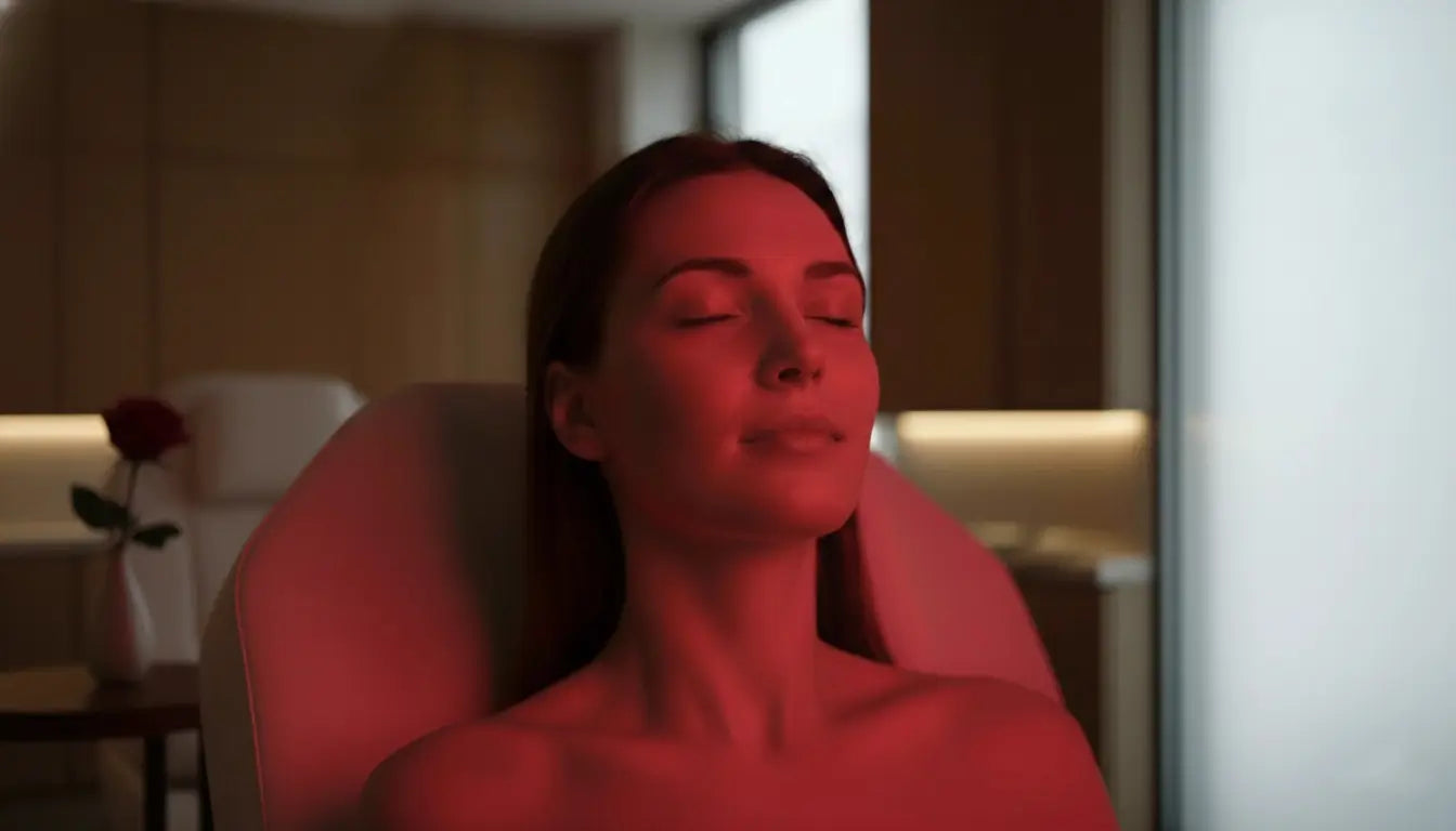 A woman with her eyes closed receiving red light therapy.