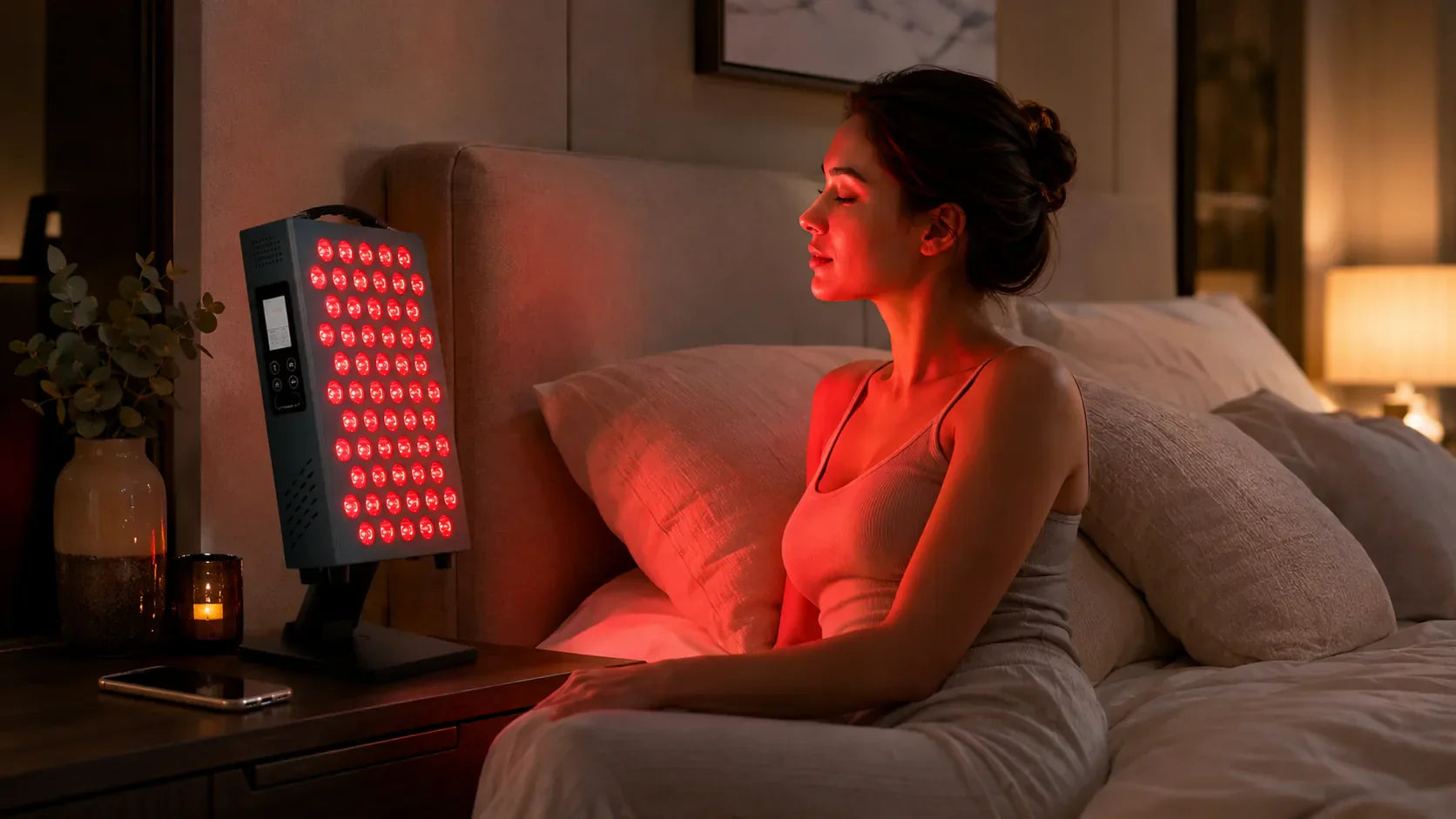 A woman using a home red light therapy panel in a bedroom with a phone and bedside table nearby.