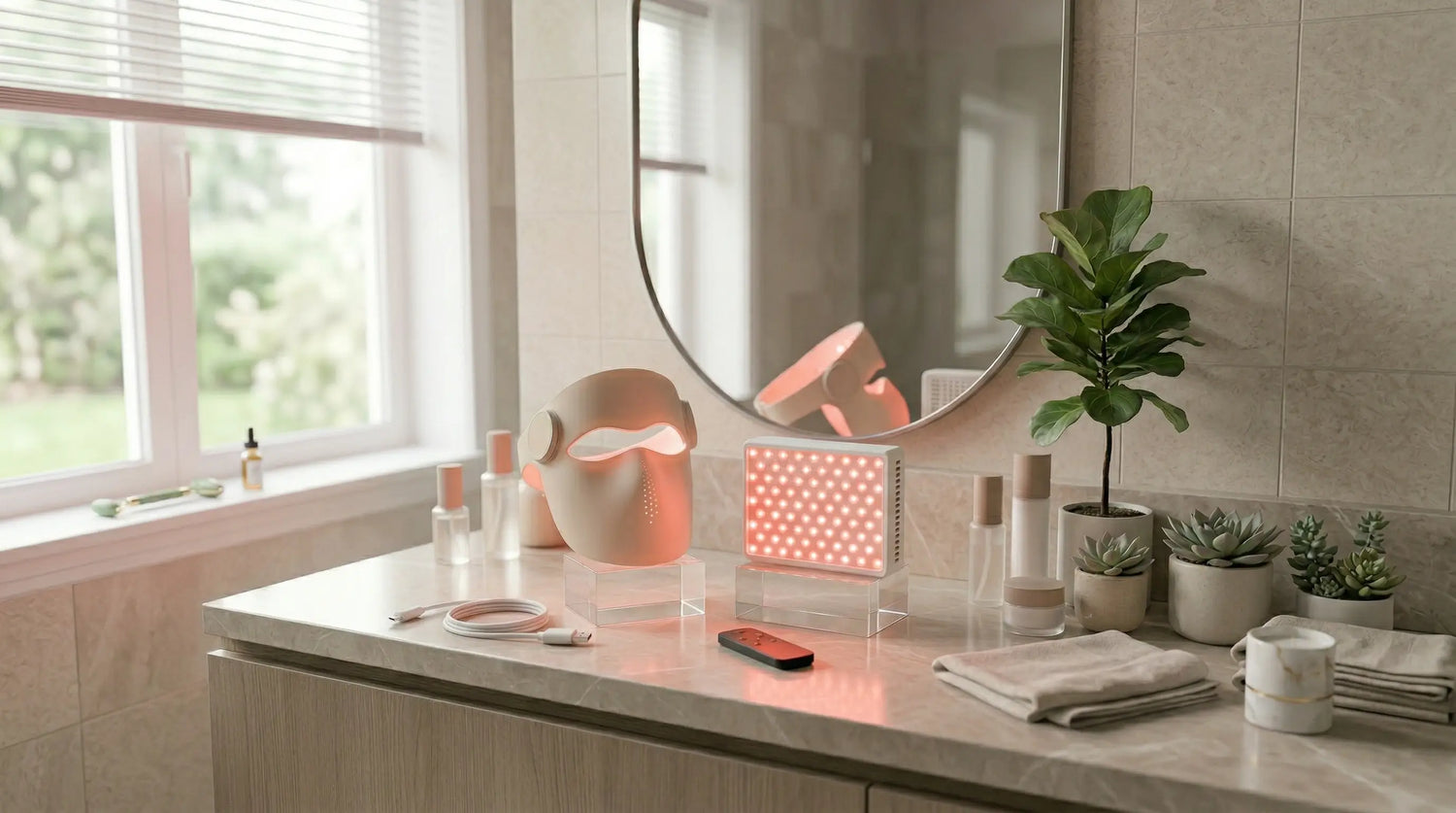 A red light therapy mask and a red light panel placed on a bathroom vanity with a mirror and LED device accessories.
