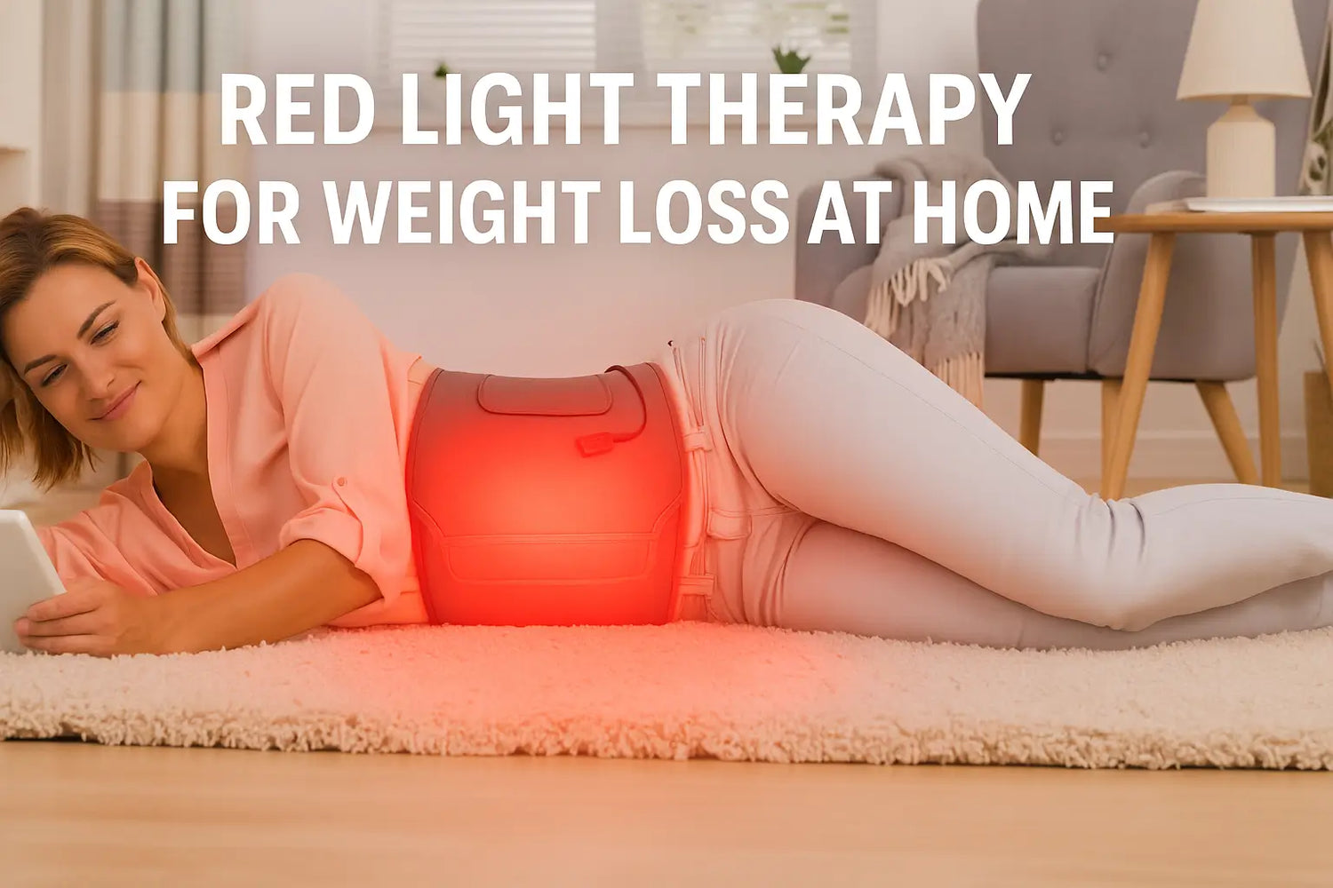 Woman lying on a rug at home using a glowing red light therapy belt for weight loss, relaxing while reading on a tablet.