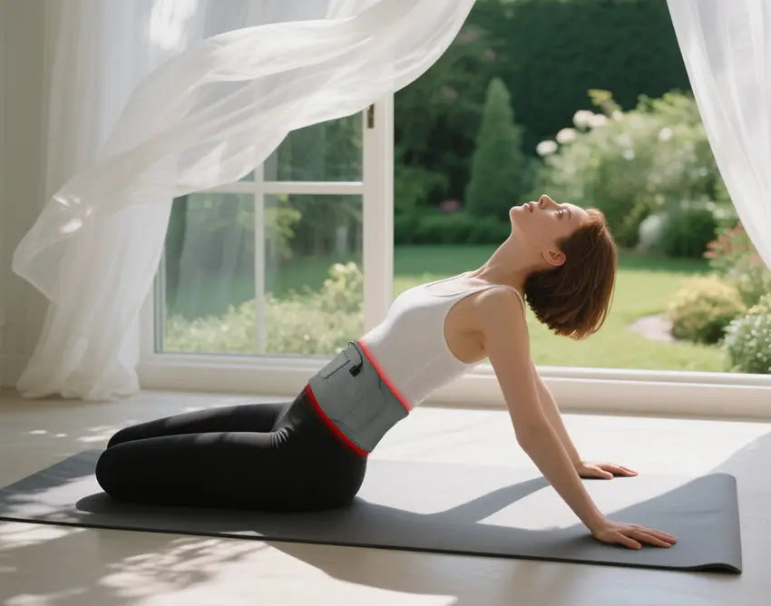 Woman doing yoga wearing red light therapy belt