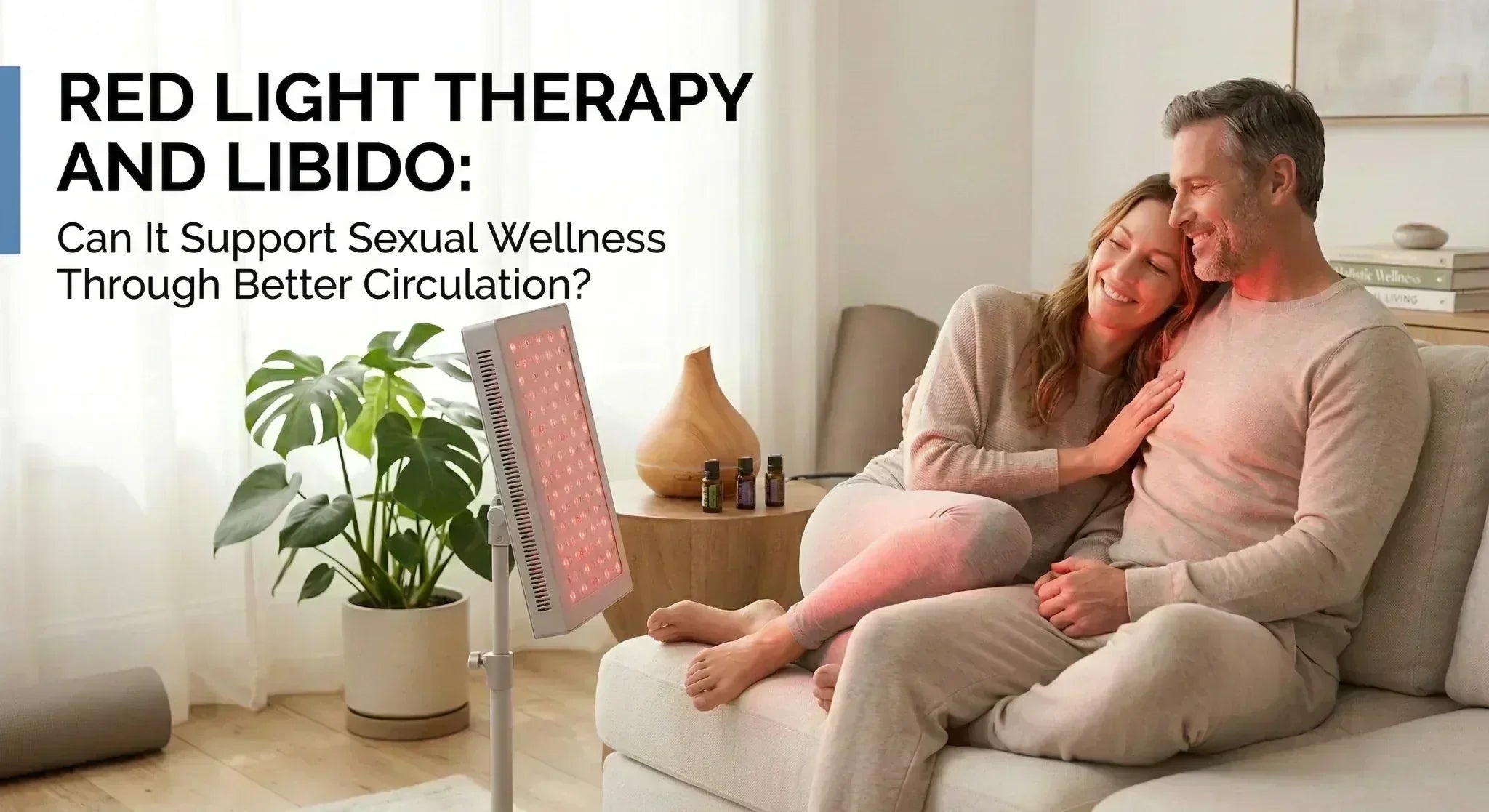 A modern home wellness setting with a red light therapy panel for pelvic comfort and circulation support