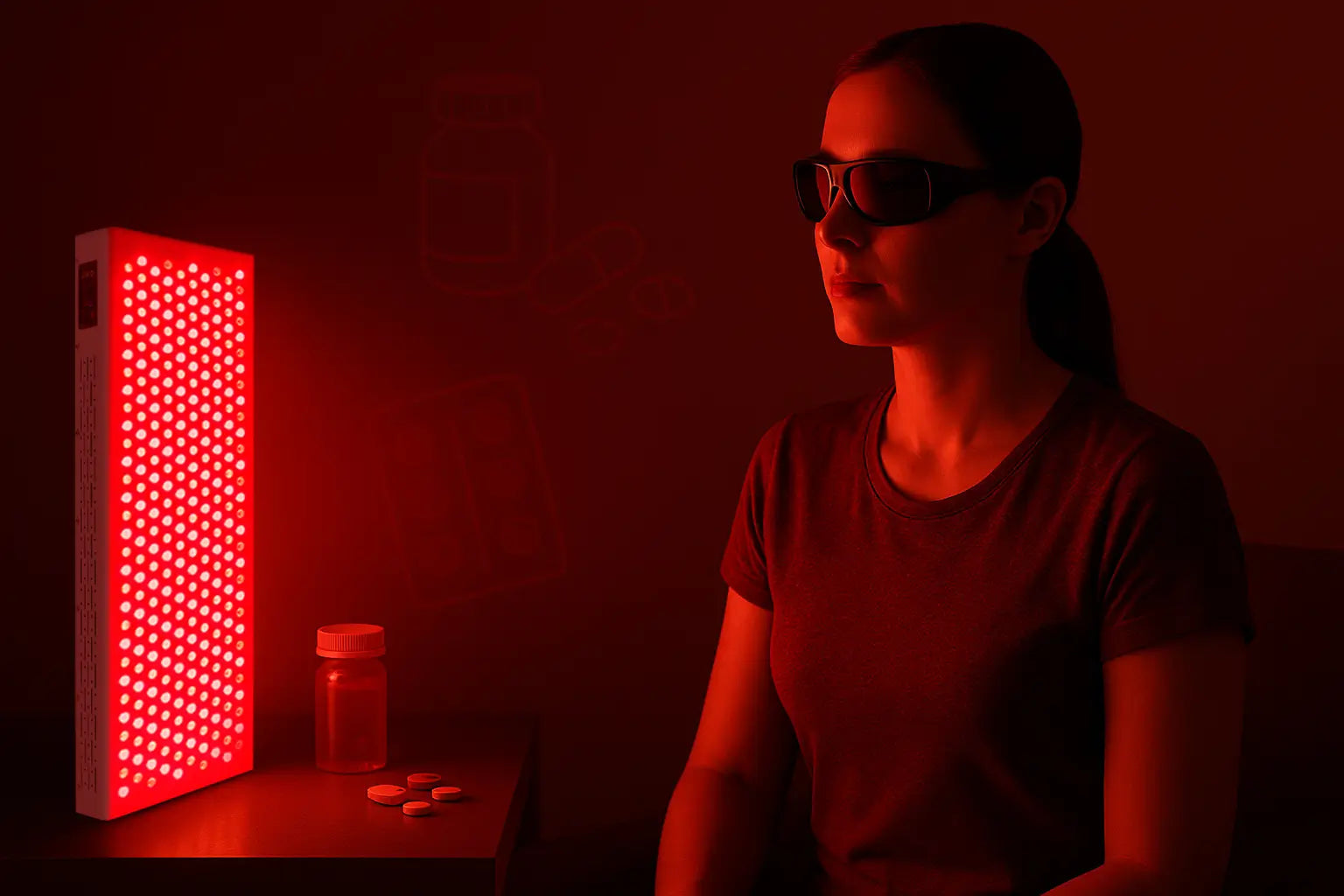 Woman wearing goggles undergoing red light panel therapy