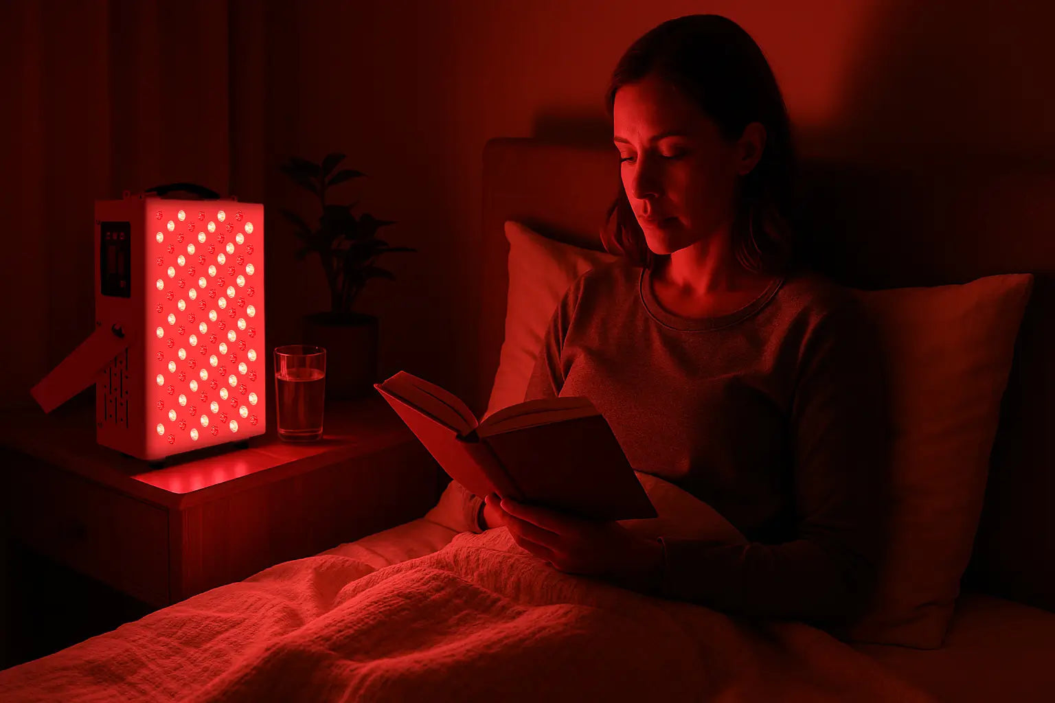 A person winding down for the night by reading a book in a room illuminated by a red light therapy device as part of a healthy sleep routine.