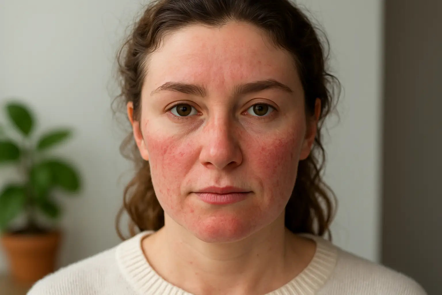 clear image displaying the typical symptoms of rosacea on a person's face, including persistent background redness and visible small blood vessels on the cheeks.