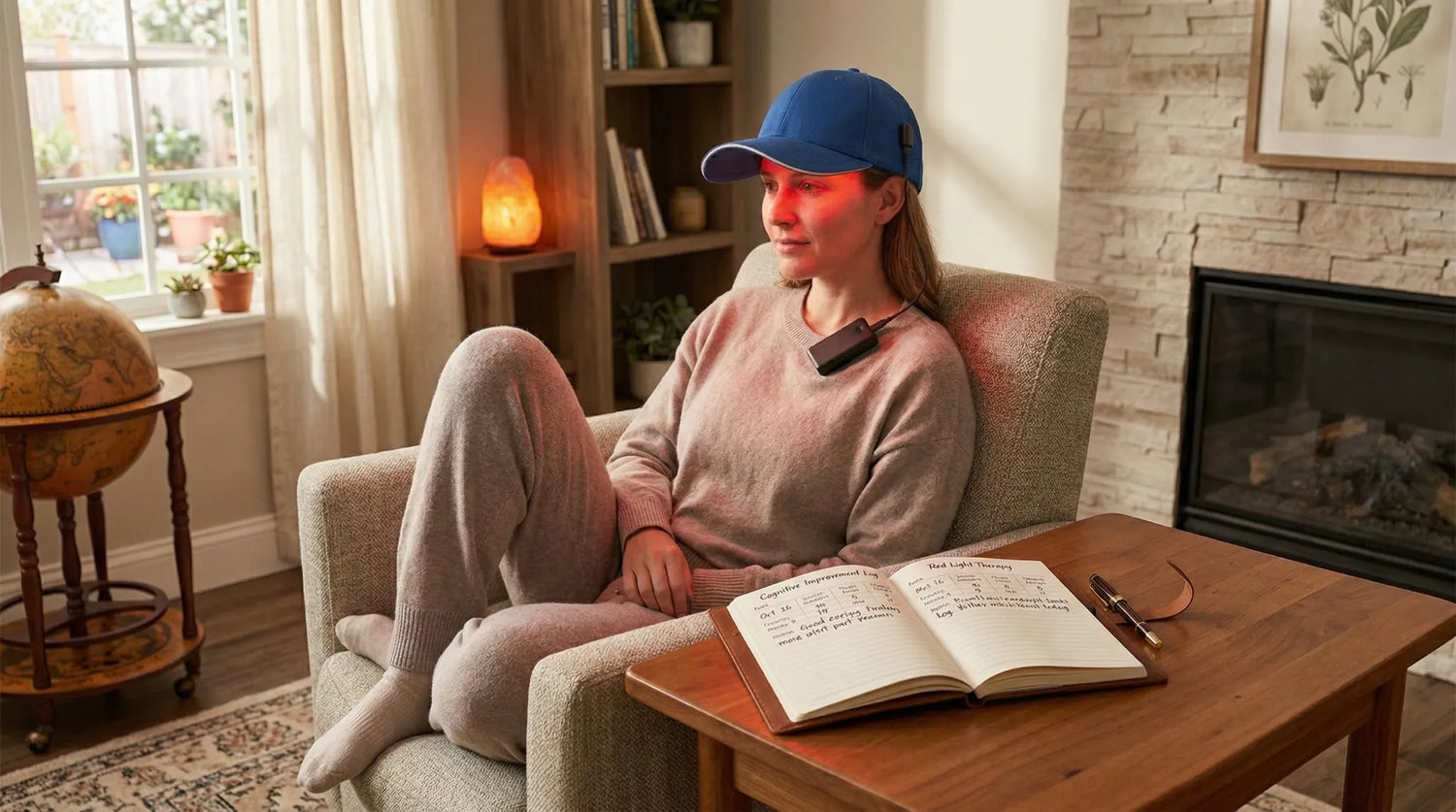 Woman wearing a red light therapy cap while journaling at home