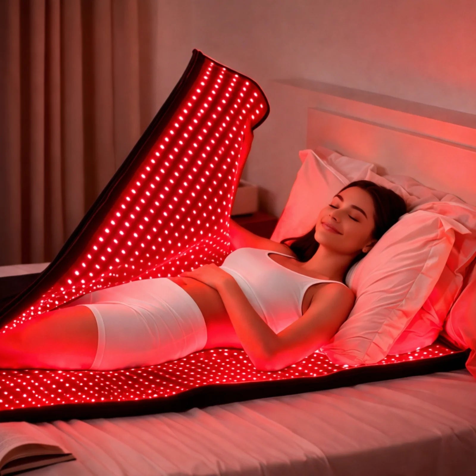 Woman resting in bed while using a laser + LED sleep bag for full-body red light therapy wellness.