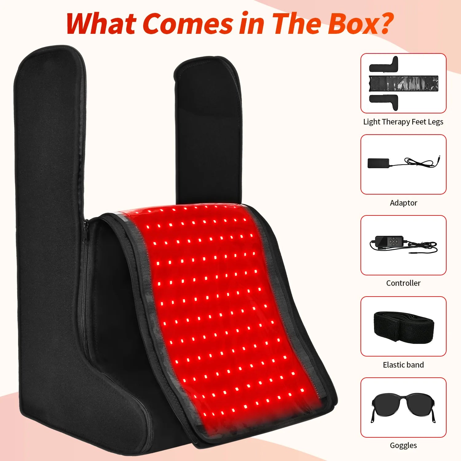 Red light therapy feet and legs device package contents including the main device, adapter, controller, elastic band, and goggles