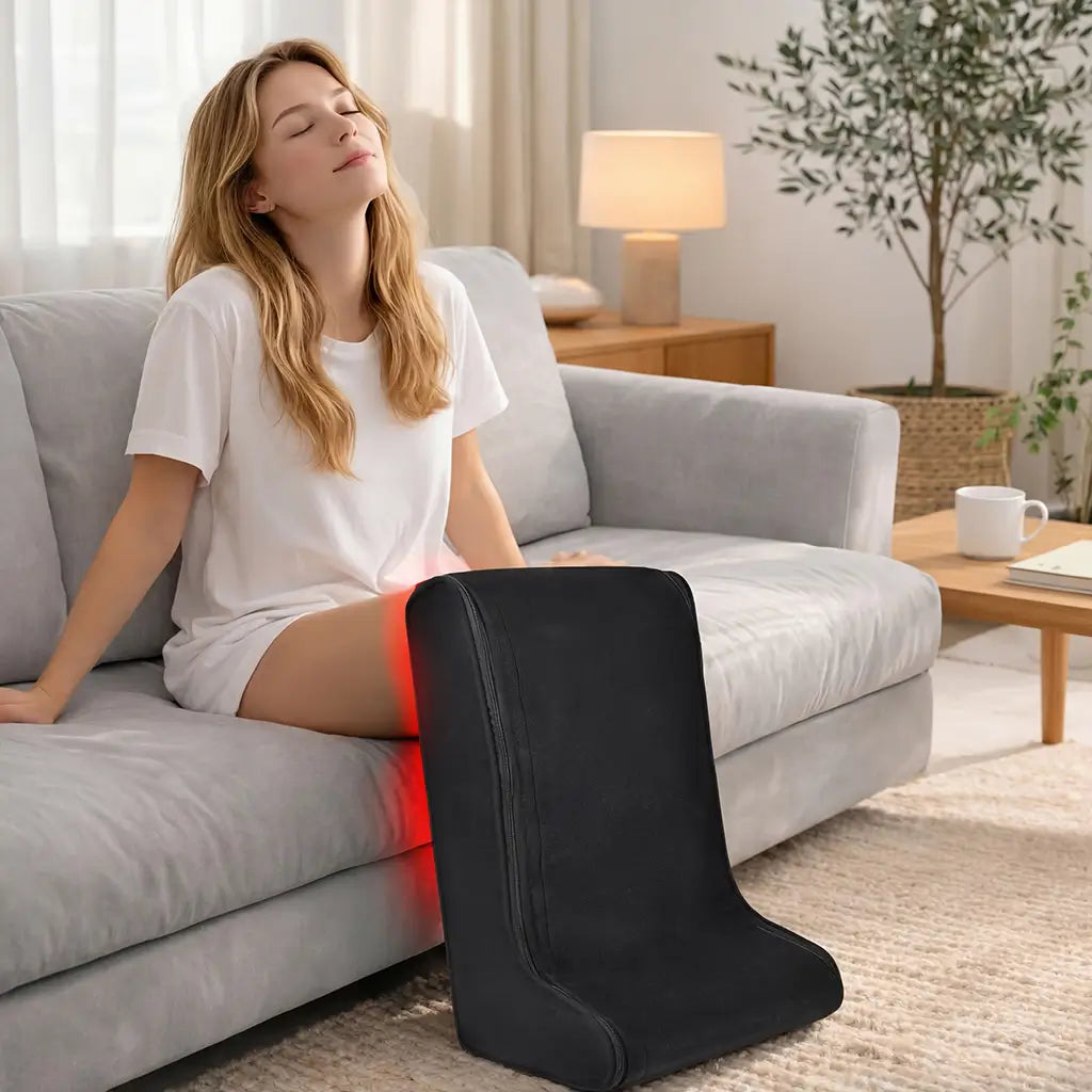 Woman relaxing on a sofa while using a black red light therapy feet and legs device in a warm home setting