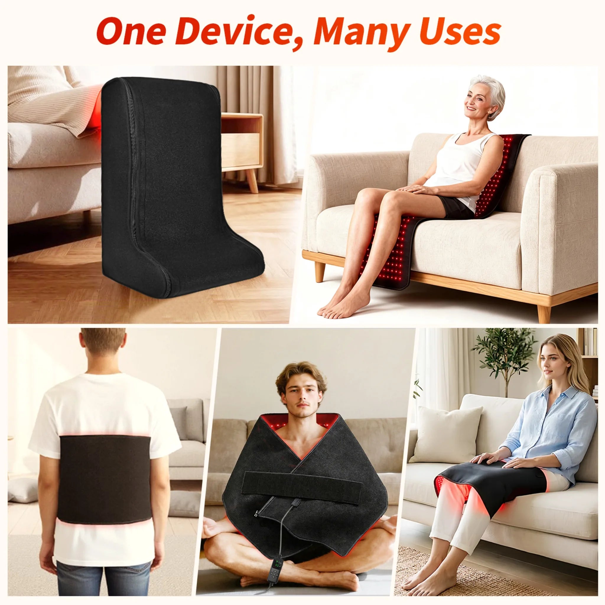 One device many uses collage showing the foldable red light therapy feet and legs device used for back, shoulders, waist, legs, and seated relaxation