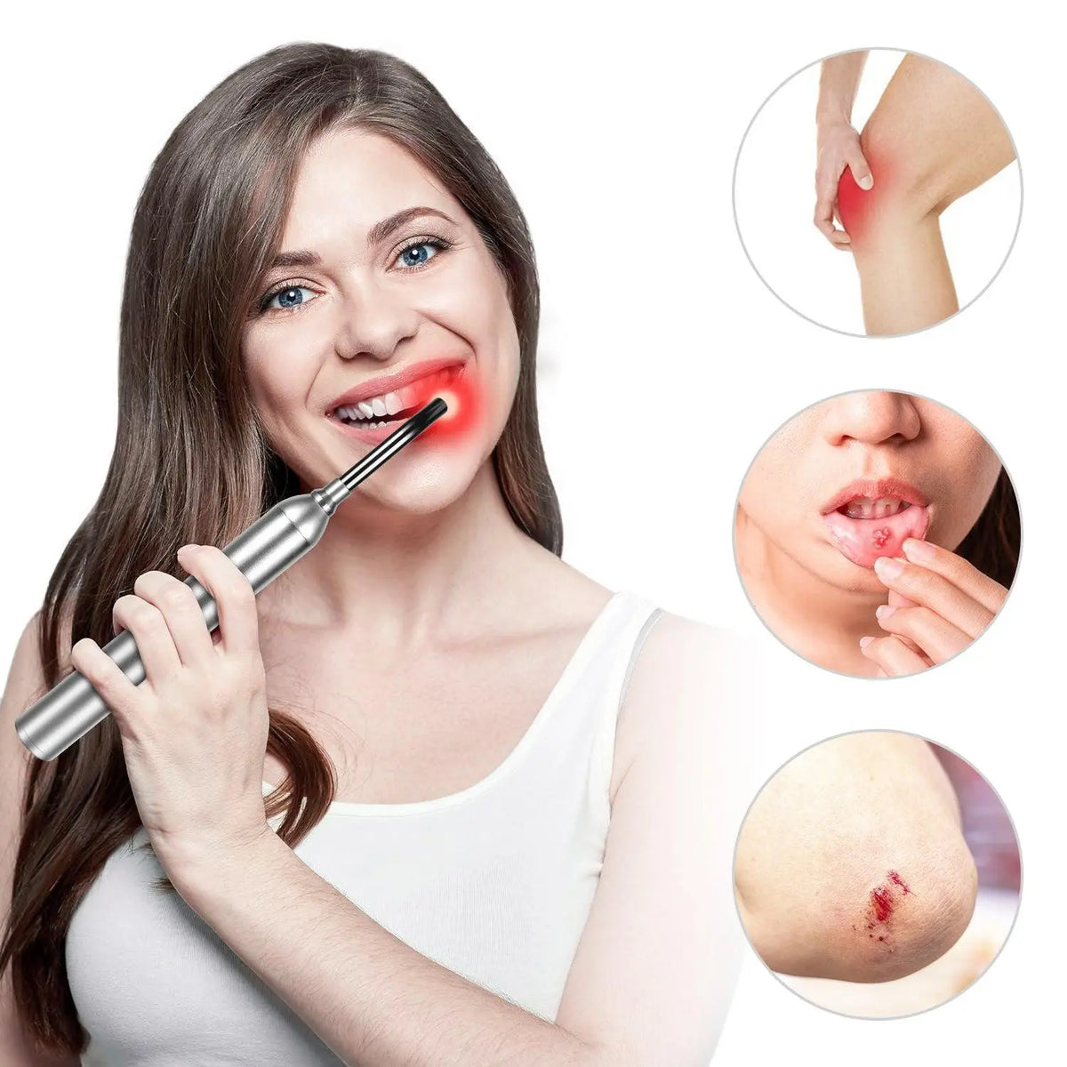 YouLumi handheld red light therapy device treating cold sore on lip, silver curved tip