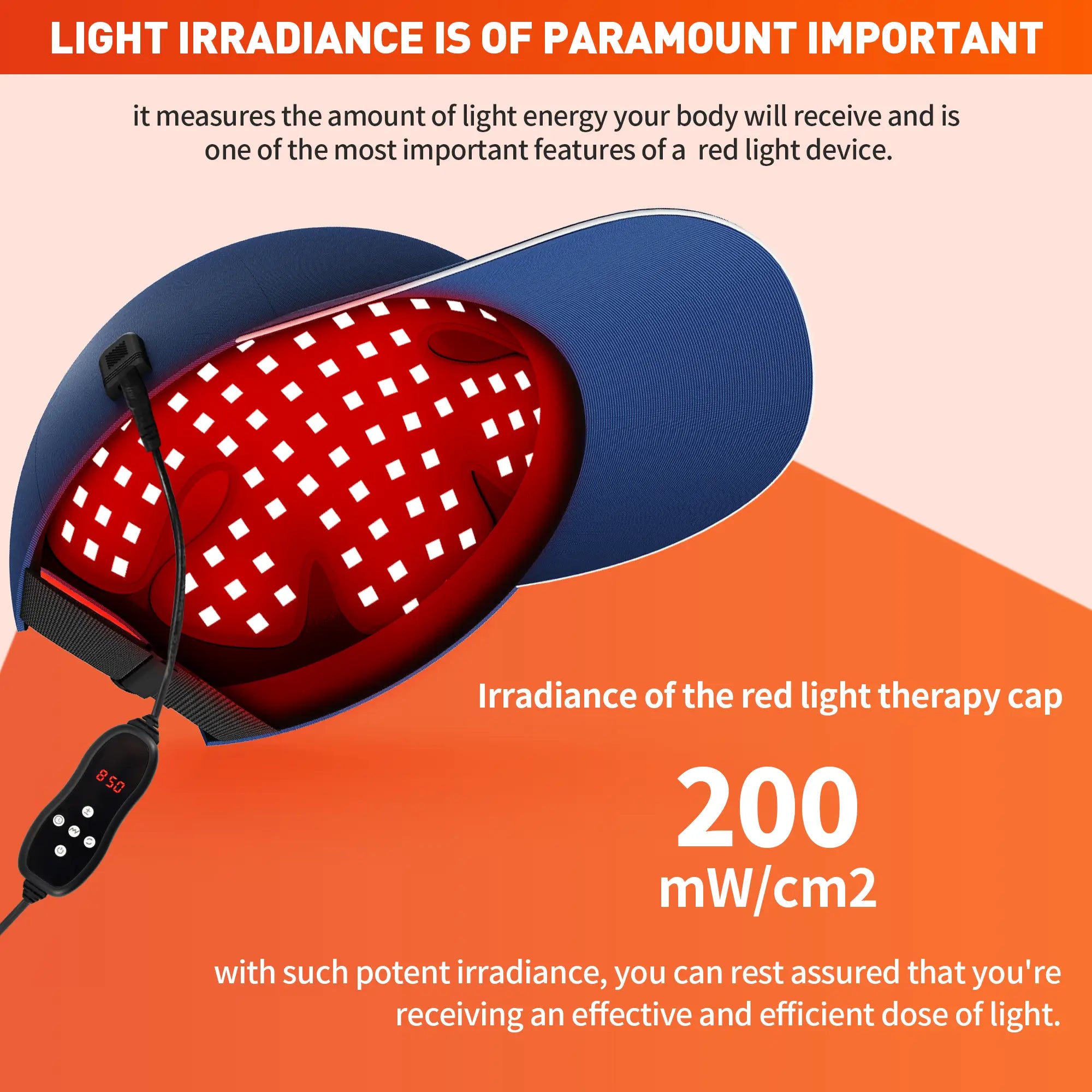 Red light therapy cap with 200 mW/cm² irradiance for effective scalp and hair follicle stimulation.