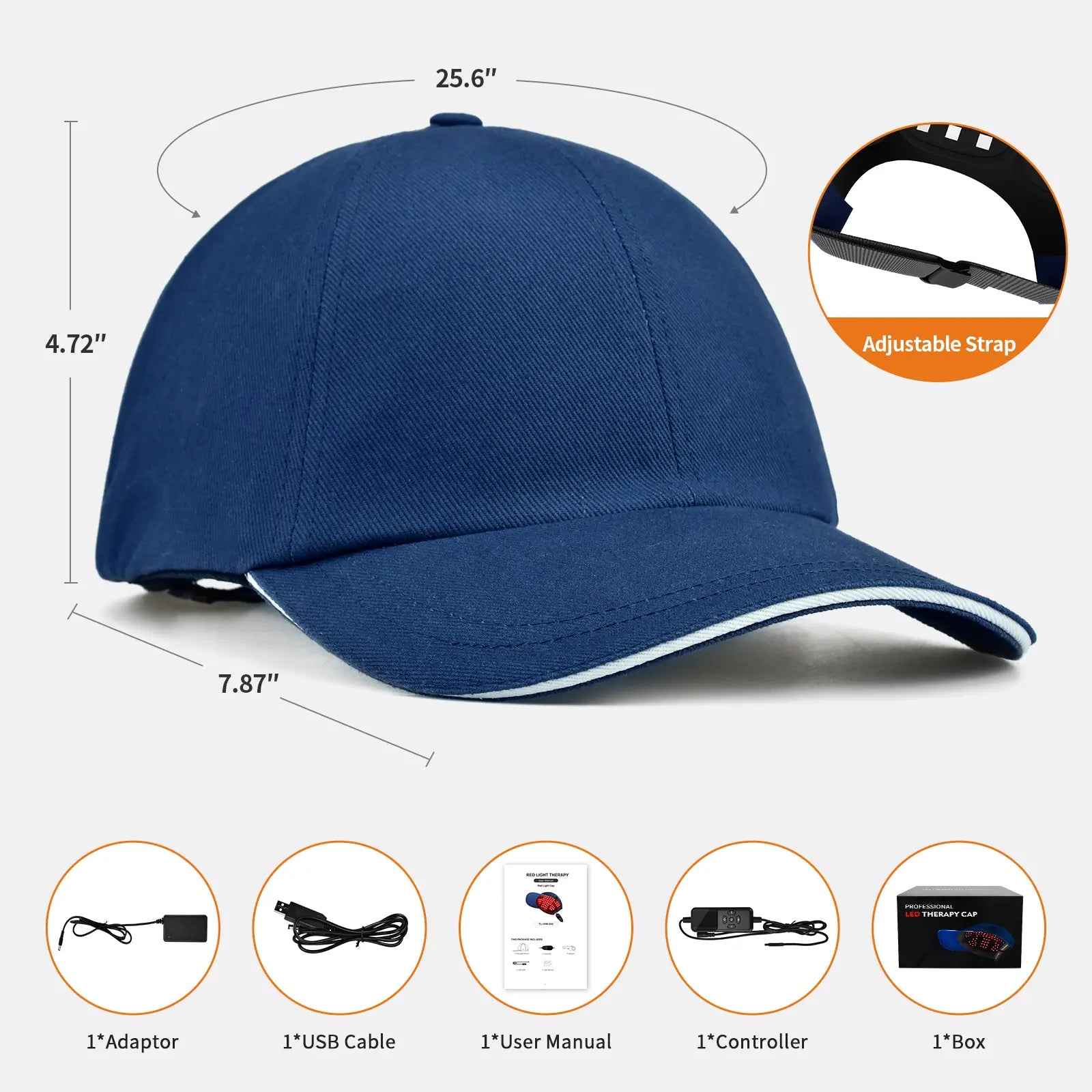 Red light therapy cap dimensions with adjustable strap and full accessory kit.