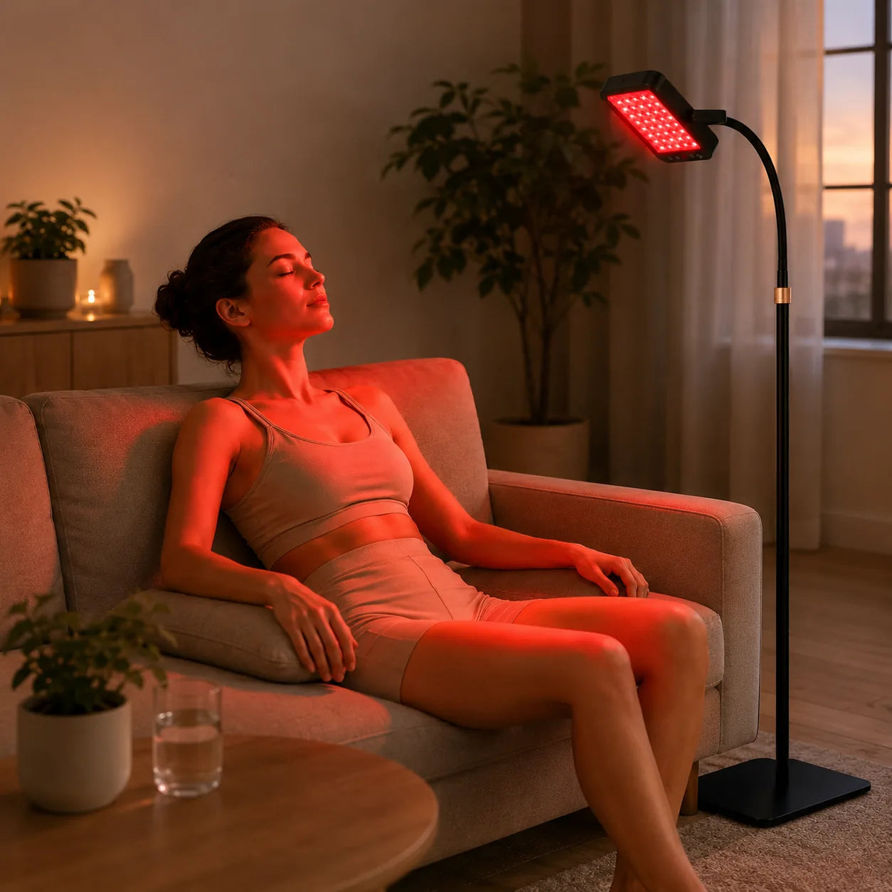 Red light therapy floor lamp for at-home wellness use with adjustable gooseneck stand in a relaxing living room setting