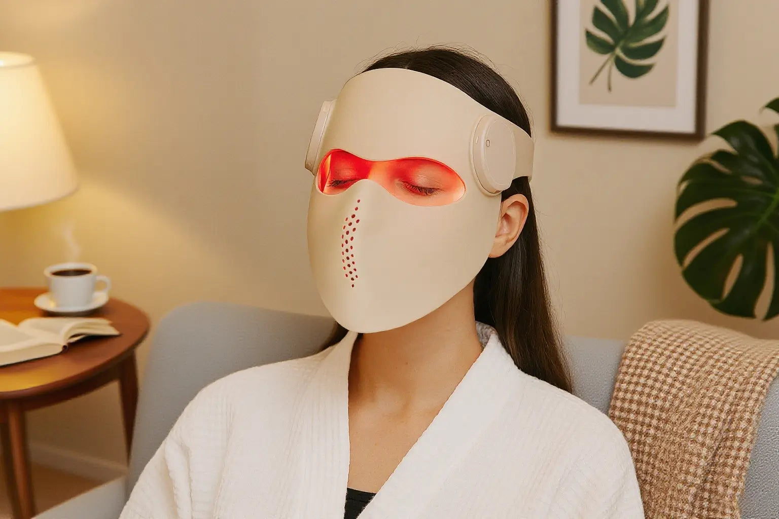 Woman relaxing at home wearing a beige red light therapy mask, sitting in a cozy setting with a cup of coffee and an open book nearby.