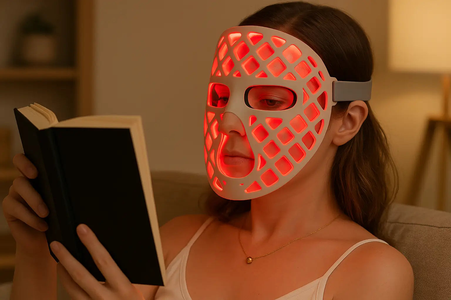 Woman reading a book while wearing a red light therapy mask at home, demonstrating hands-free skincare convenience