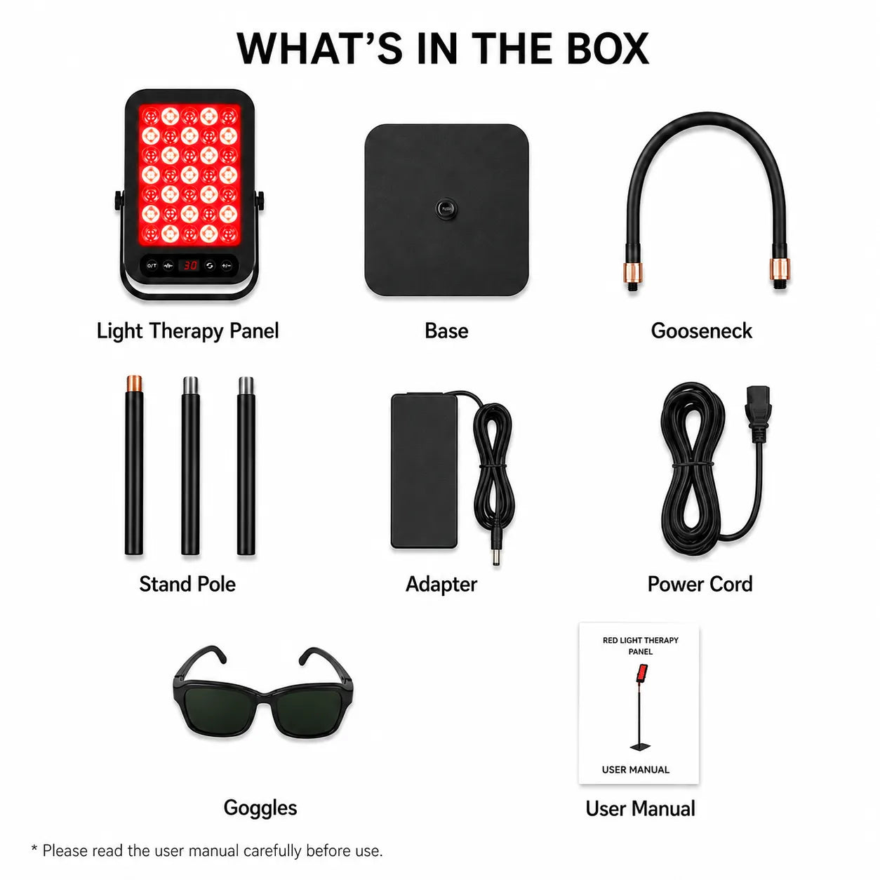 Red light therapy panel package contents with base, gooseneck, stand pole, adapter, power cord, goggles and manual