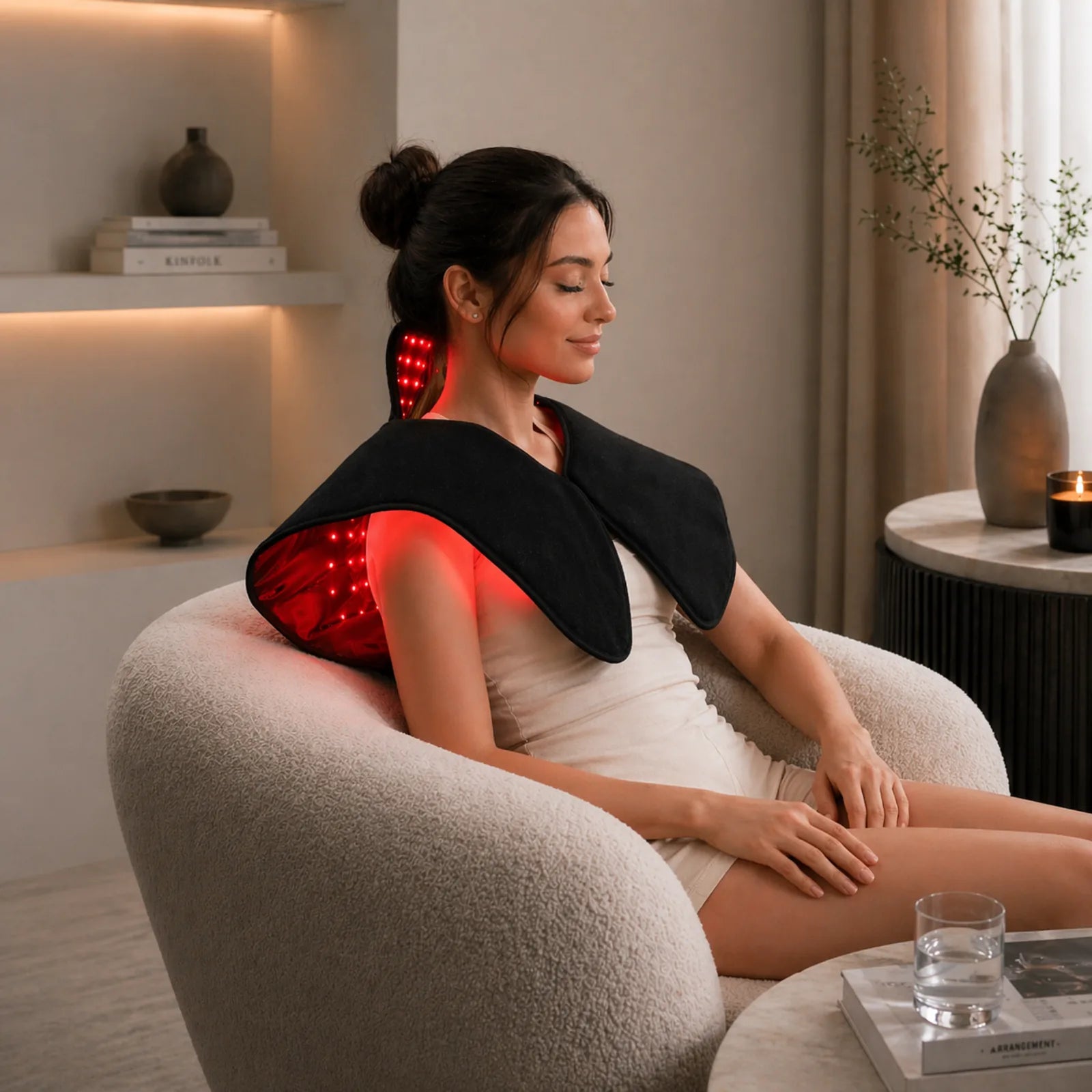 Woman sitting in a chair wearing a red light therapy shoulder wrap in a modern home setting