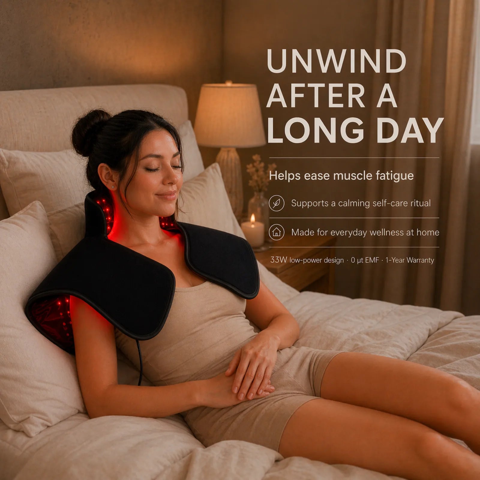 Woman relaxing in bed with a red light therapy shoulder wrap for daily wellness and muscle fatigue relief