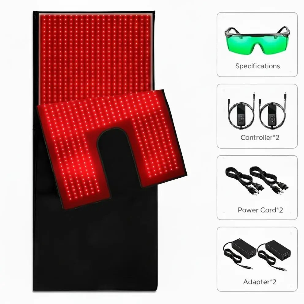 Red light therapy sleep bag with full-body LED coverage, including protective goggles, dual controllers, power cords, and adapters, ideal for clinics, spas, and home recovery