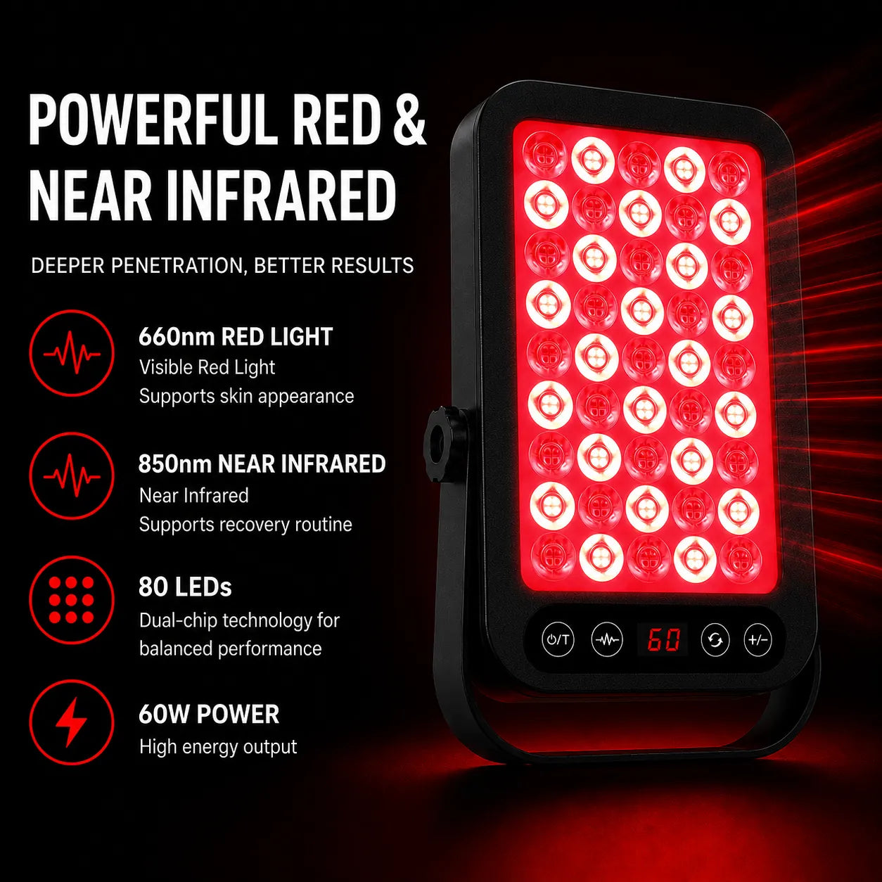 Red and near infrared therapy panel with 660nm 850nm wavelengths, 80 LEDs and 60W power