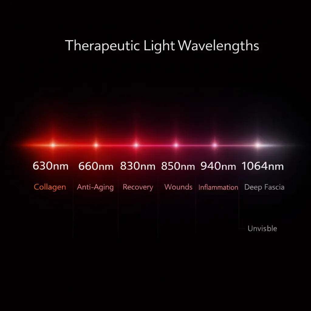 Square therapeutic light wavelengths chart for a laser + LED sleep bag showing 630nm, 660nm, 830nm, 850nm, 940nm, and 1064nm wavelengths. 
