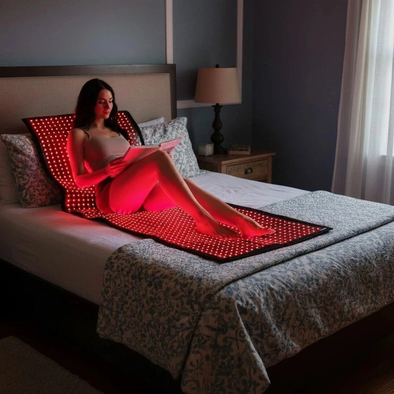 Youlumi red light therapy mat on bed with woman relaxing and reading