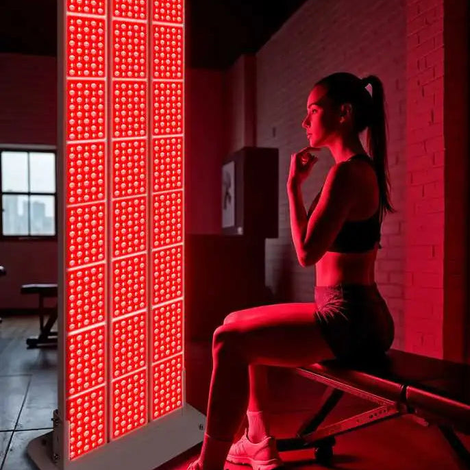 Female athlete using YL-IRP010-06L red light therapy panel in gym for muscle recovery
