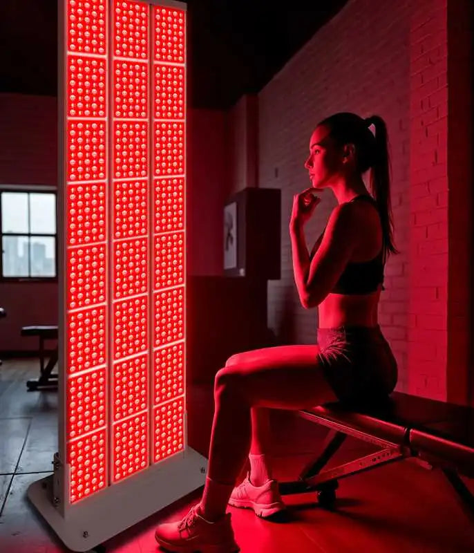 Female athlete using YL-IRP010-06L red light therapy panel in gym for muscle recovery