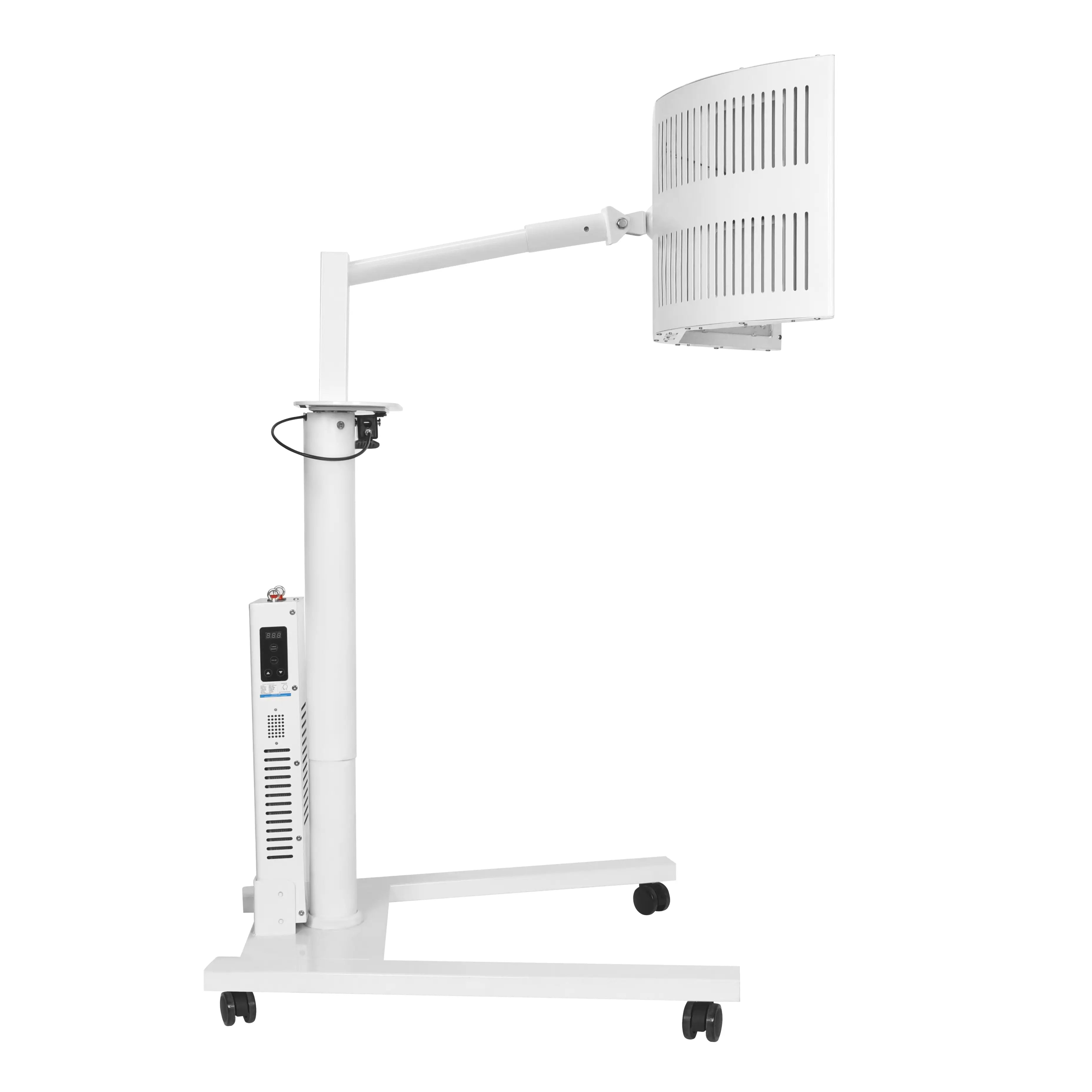 Side view of YL-IRP010-H06T curved red light therapy panel showing cooling vents and support arm