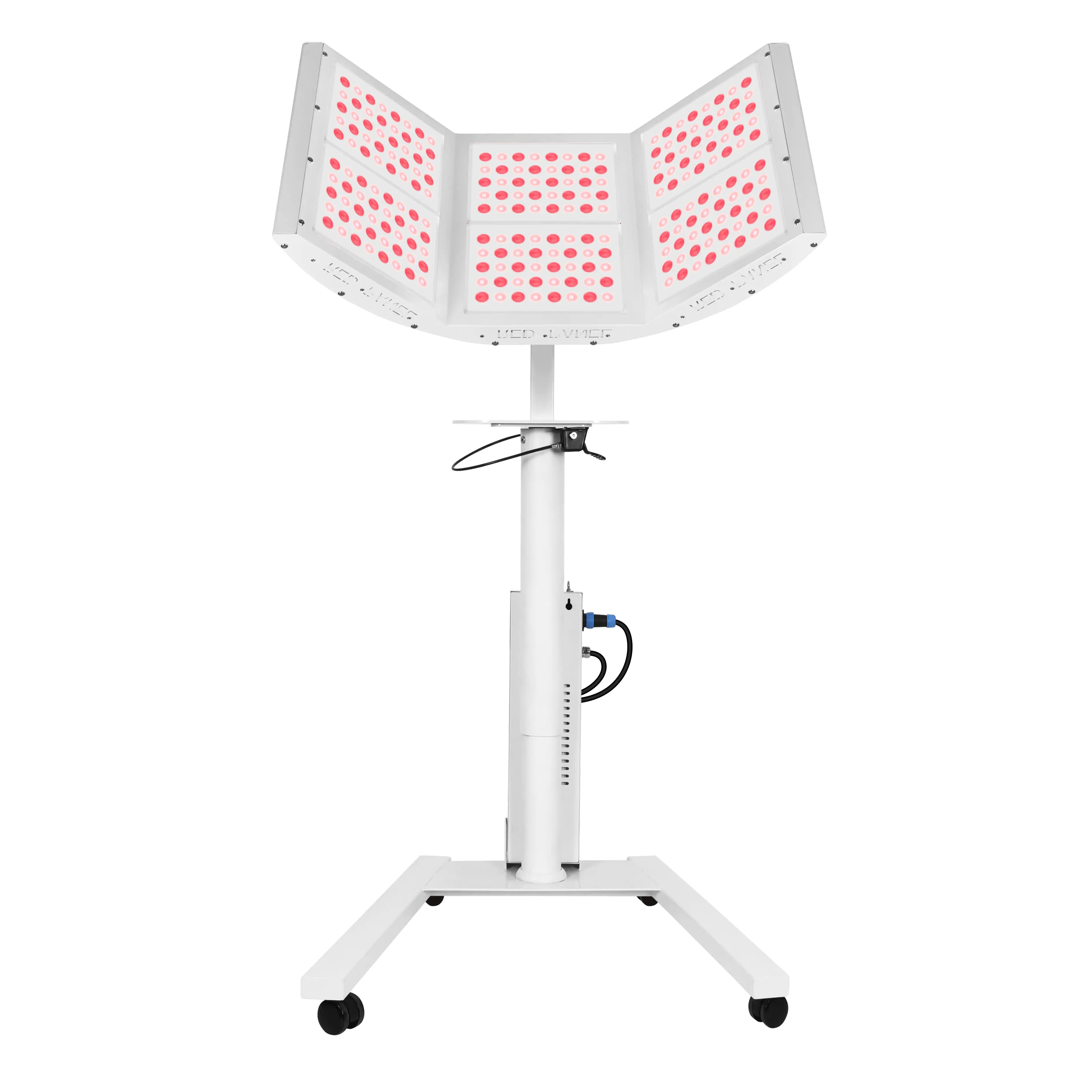 Tilted angle of YL-IRP010-H06T curved red light therapy panel on stand, ideal for head and upper body treatment