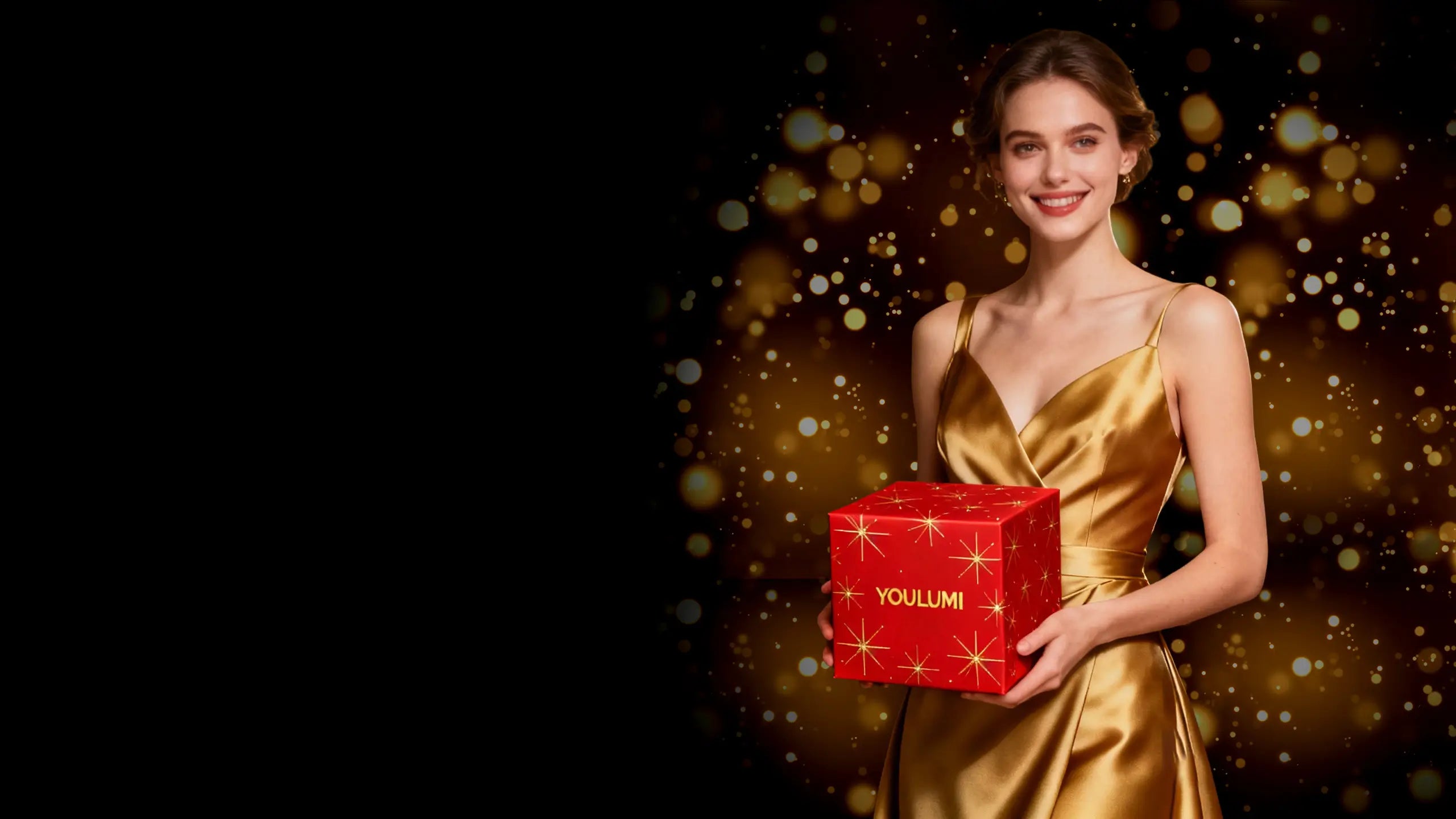 YOULUMI Black Friday hero banner featuring a young European woman in a gold evening gown holding a red gift box, golden bokeh background, large left copy space.