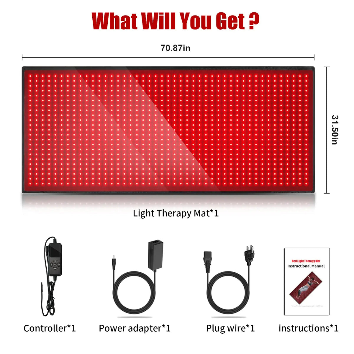 Youlumi Red light therapy mat size and kit with controller, power adapter, plug wire, and instructions