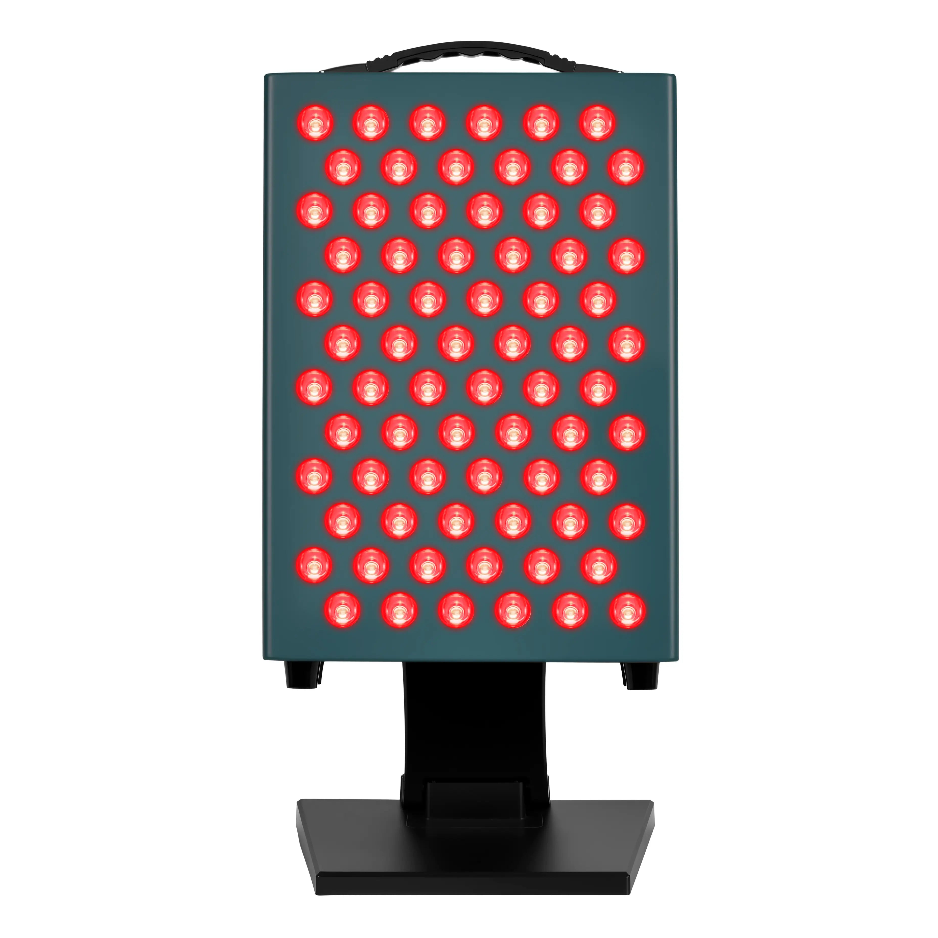 YouLumi desktop red light therapy panel on stand, front view with LEDs illuminated