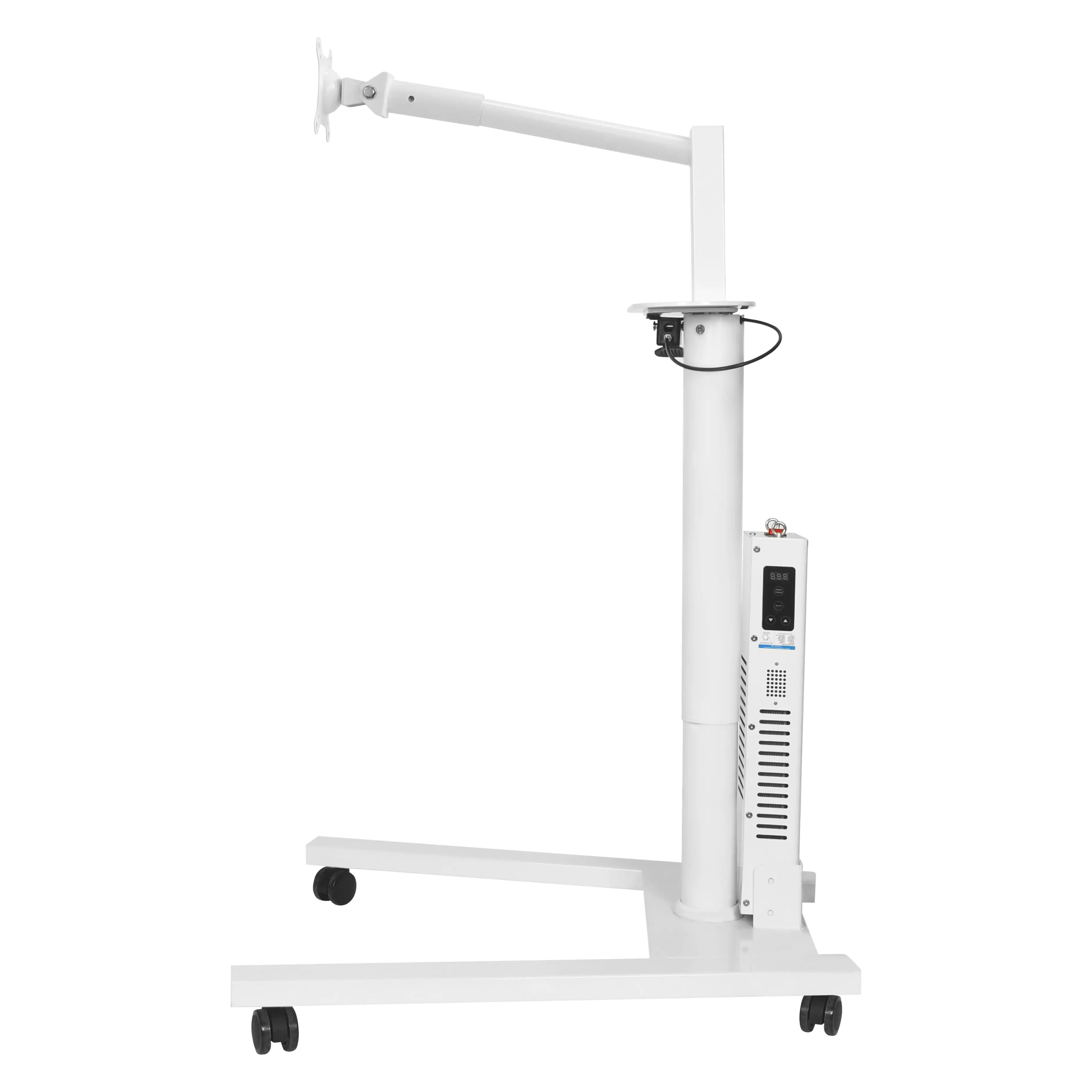 Side view of red light therapy panel stand with arm extended horizontally and tilt adjustment