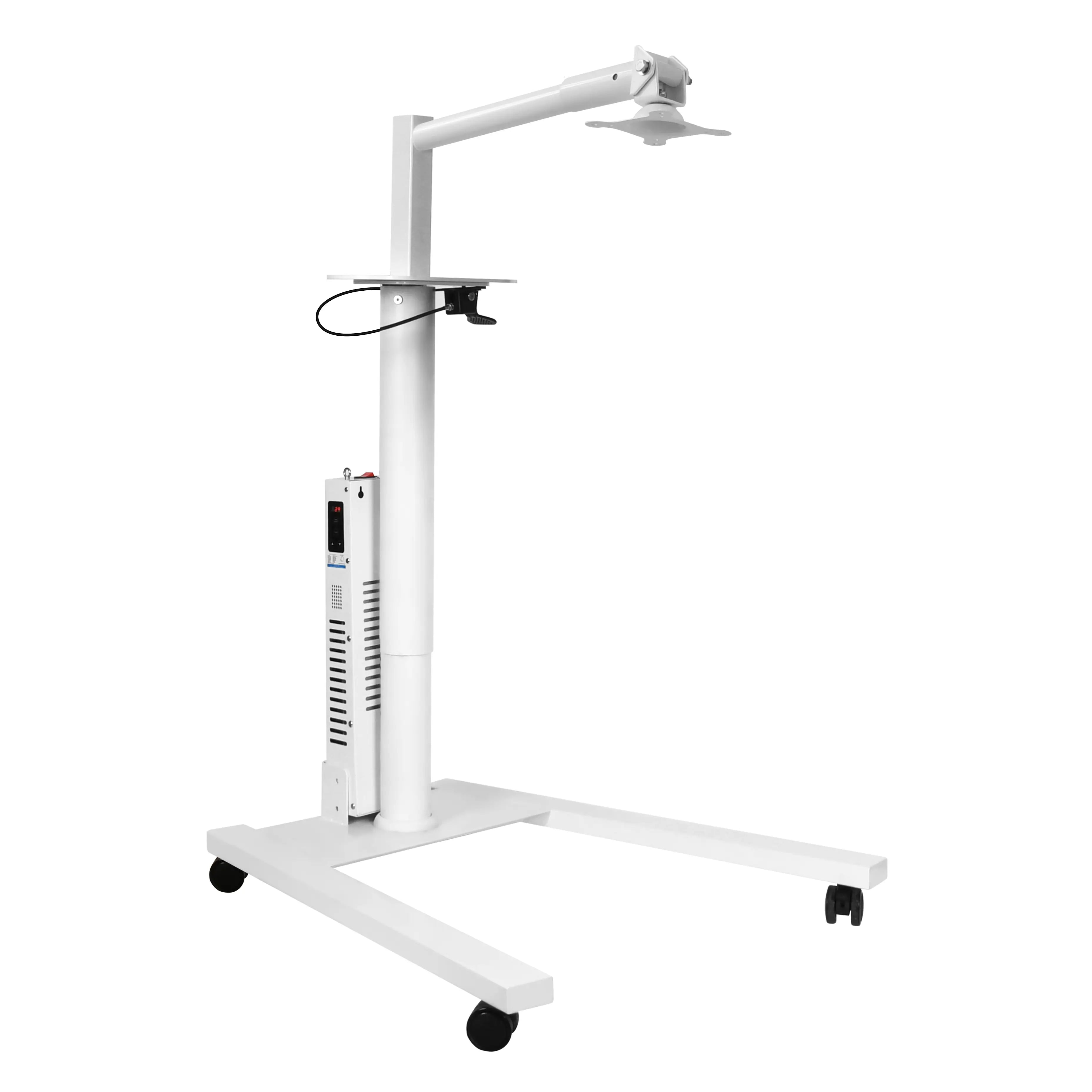 Three-quarter view of adjustable red light therapy panel stand with locking casters