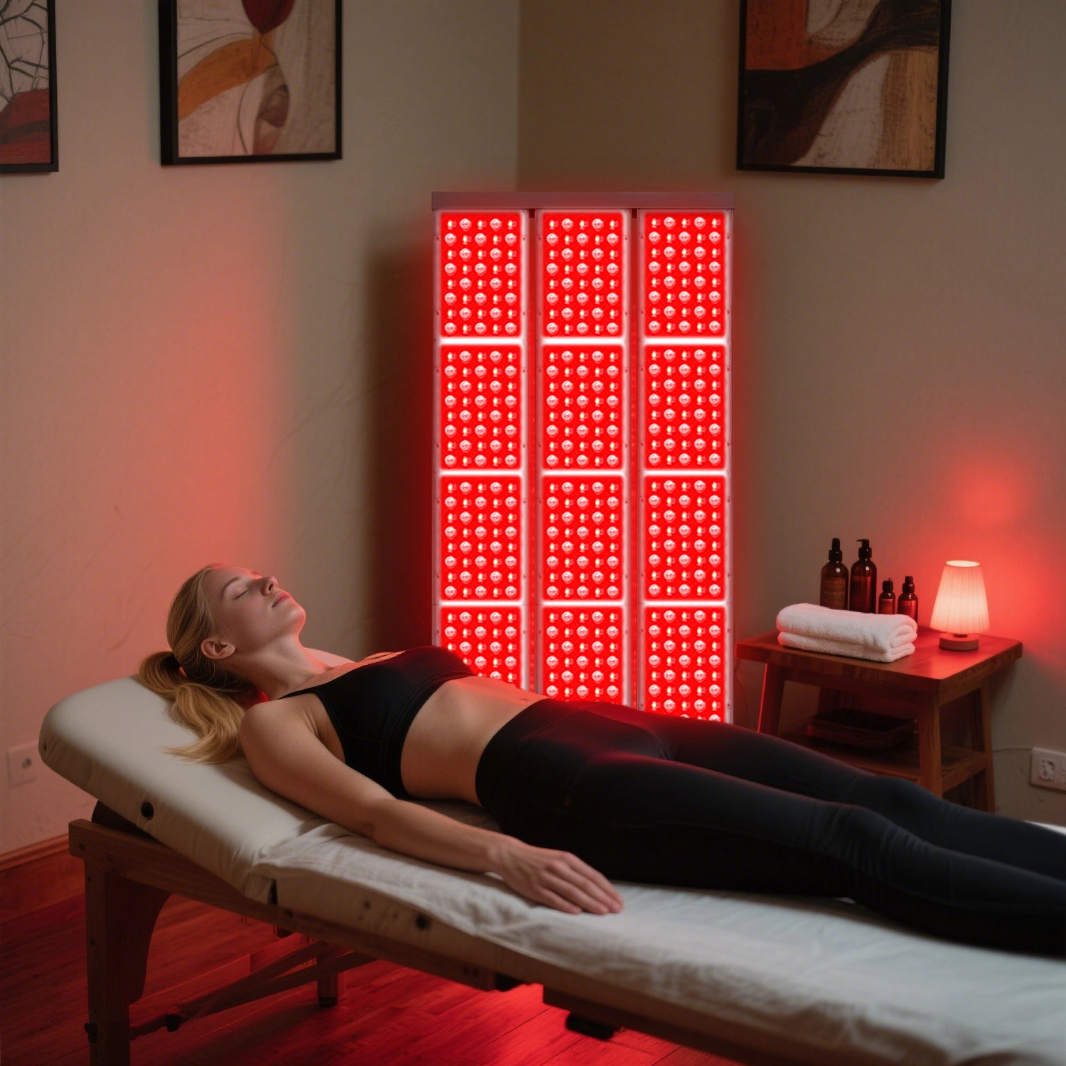 Woman lying on a massage table receiving full-body red light therapy from a Youlumi YL-IRP010-03L panel in a spa-like treatment room
