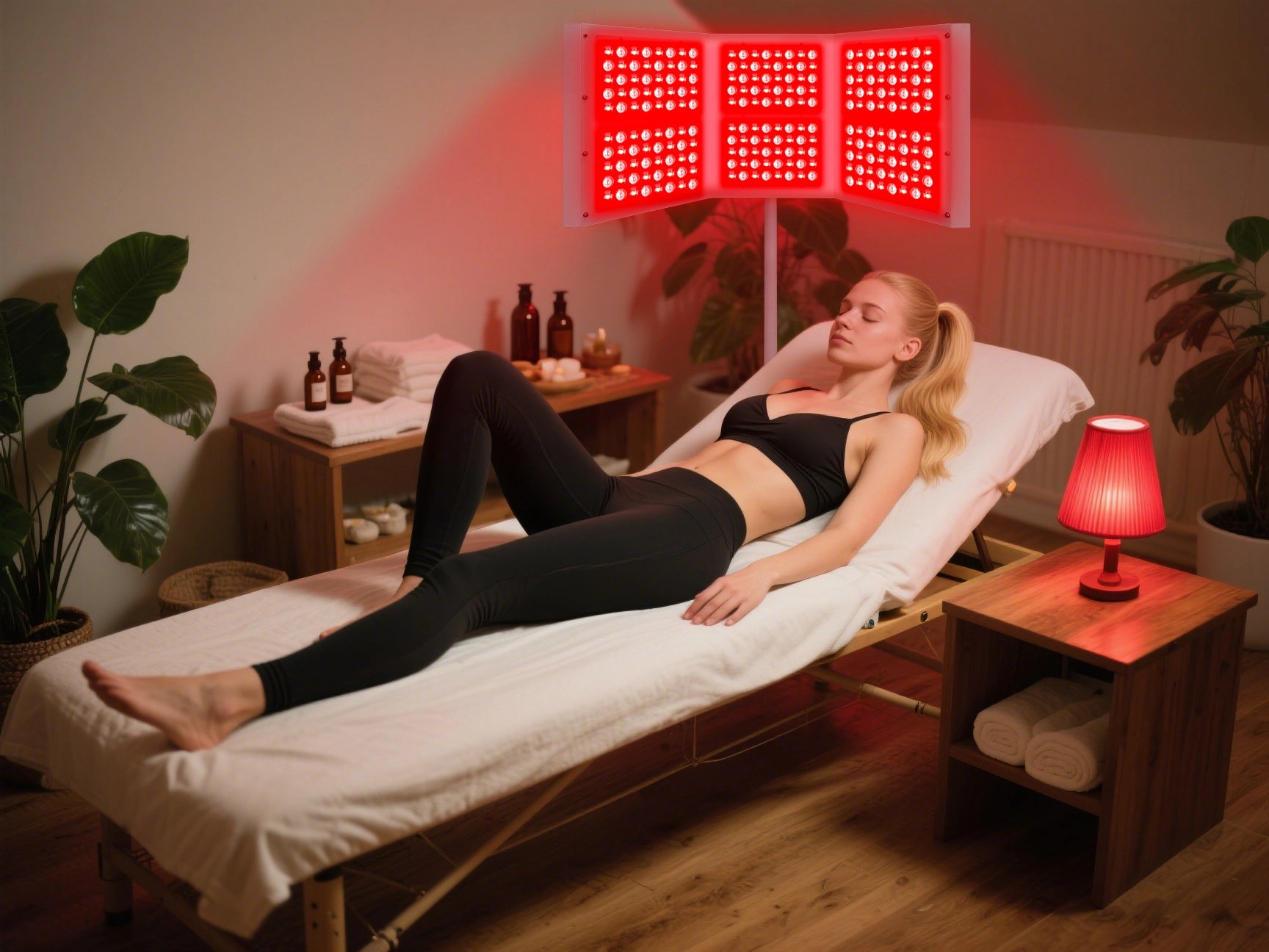 Woman relaxing on a spa treatment bed under an illuminated Youlumi YL-IRP010-H06T foldable tri-panel red light therapy device